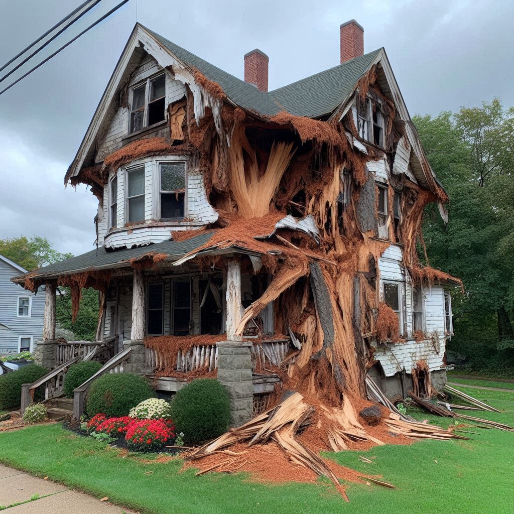 Damaged tree on an Locust Grove home showing signs of disease and decay